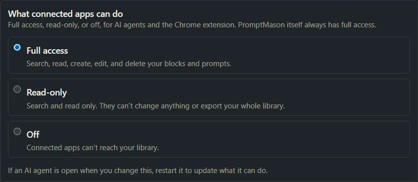 The What connected apps can do row with three choices: Full access (selected), Read-only and Off.