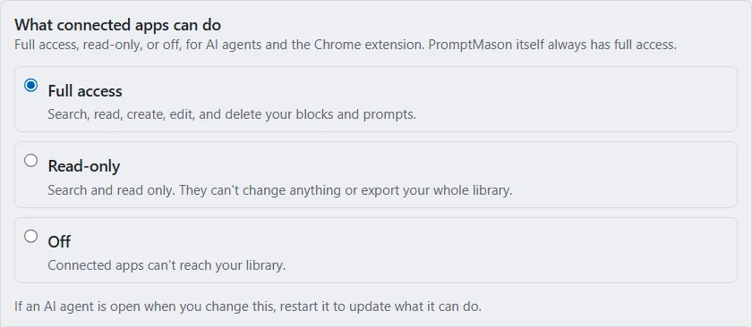 The What connected apps can do row with three choices: Full access (selected), Read-only and Off.
