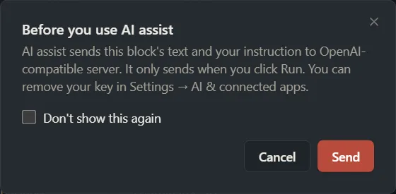 The Before you use AI assist window naming where the text is sent, with Send and Cancel buttons.