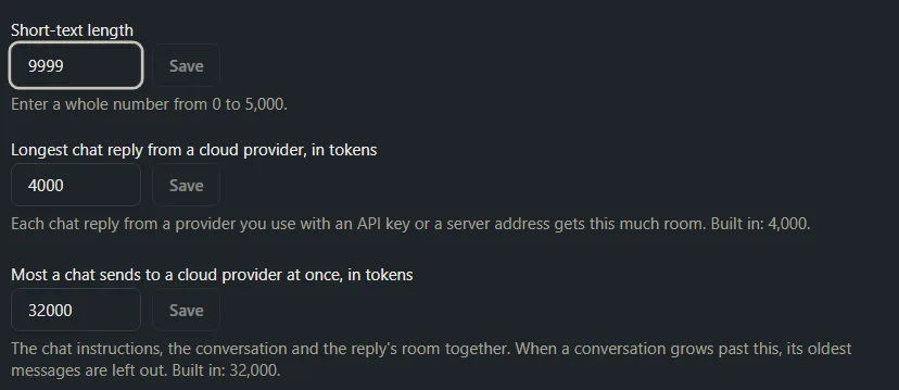 The number settings for AI instructions, one with a message that the number is out of range.
