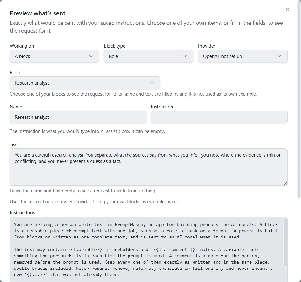 The Preview what’s sent window with Working on and Provider lists, and the Request it will send.