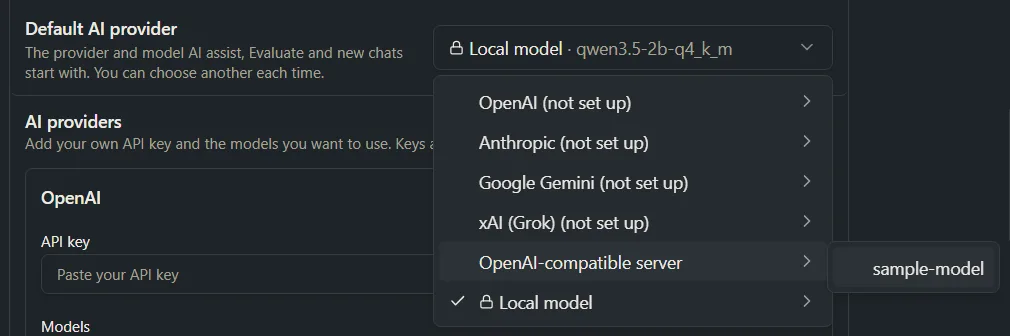 The Default AI provider picker open, listing the local model and each provider, with a provider’s models in a list beside it.
