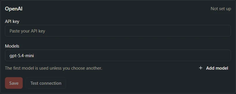 The OpenAI box under AI providers, with an API key field, a model name, and the buttons Save and Test connection.