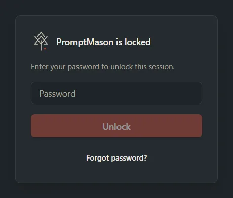 The lock screen reading PromptMason is locked, with a password box, an Unlock button and a Forgot password? link.