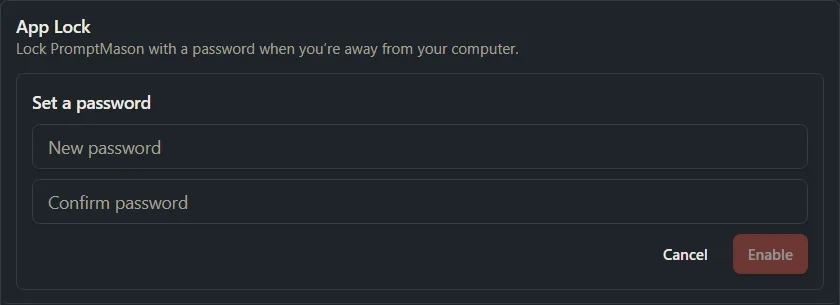 The App Lock row with two password boxes and Enable and Cancel buttons.