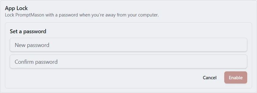 The App Lock row with two password boxes and Enable and Cancel buttons.