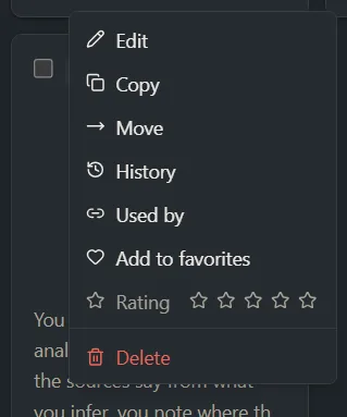 The right-click menu on a block card listing Edit, Copy, Move, History, Used by, favorites, Rating and Delete.