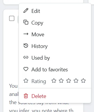 The right-click menu on a block card listing Edit, Copy, Move, History, Used by, favorites, Rating and Delete.