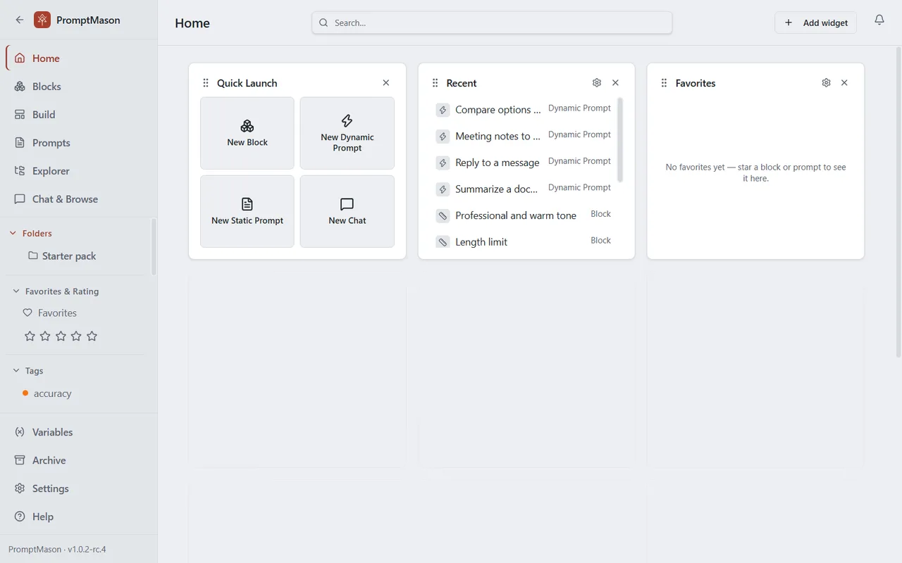 The PromptMason window: the sidebar on the left, the Home screen with its search box and bell on the right.