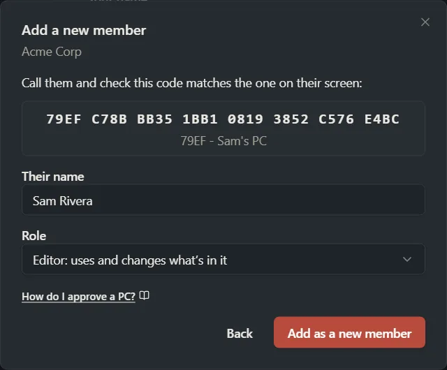 The Add a new member window with the approval code, a name box, a Role list and an Add as a new member button.