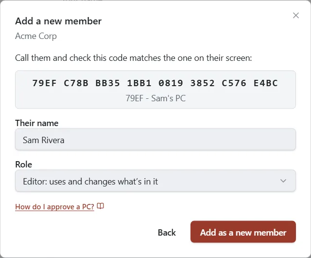 The Add a new member window with the approval code, a name box, a Role list and an Add as a new member button.