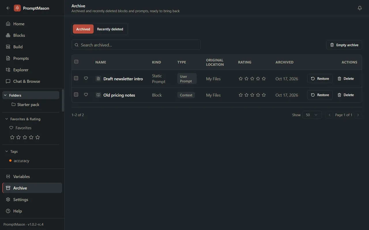 The Archive screen on its Archived tab, listing an archived block and an archived prompt with a Restore button for each.