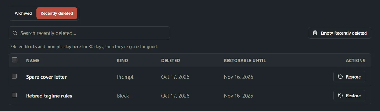 The Archive screen on its Recently deleted tab, listing two deleted items with the date deleted, the date they can be restored until, and a Restore button.