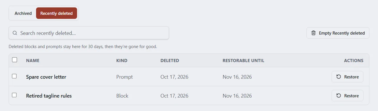 The Archive screen on its Recently deleted tab, listing two deleted items with the date deleted, the date they can be restored until, and a Restore button.