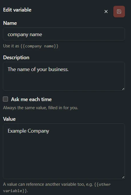 The company name variable open with a sample value in the Value box.