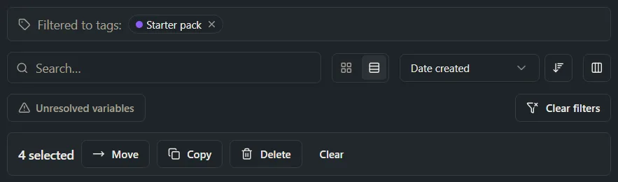 The Prompts list filtered to the Starter pack tag, all items ticked and a selection bar with a Delete button.
