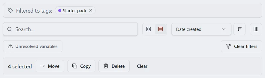 The Prompts list filtered to the Starter pack tag, all items ticked and a selection bar with a Delete button.