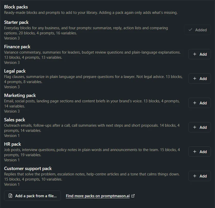 The Block packs row listing the Starter pack (Added), the six other packs each with an Add button, and an Add a pack from a file button.