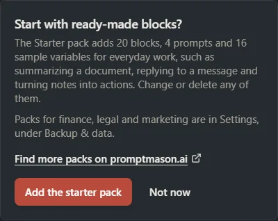 The “Start with ready-made blocks?” card with the buttons Add the starter pack and Not now.