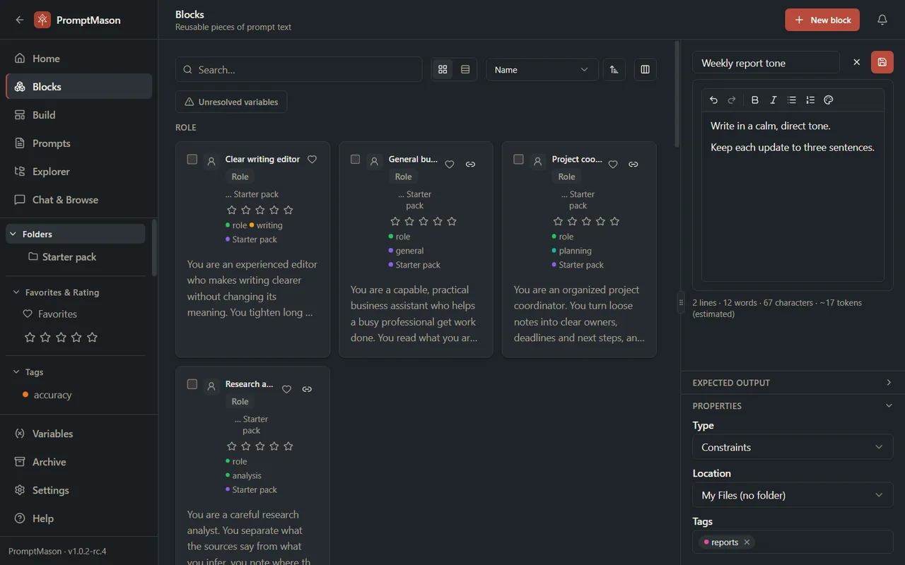 A new block open for editing, with a name, the text box and toolbar, and Type, Location and Tags under Properties.