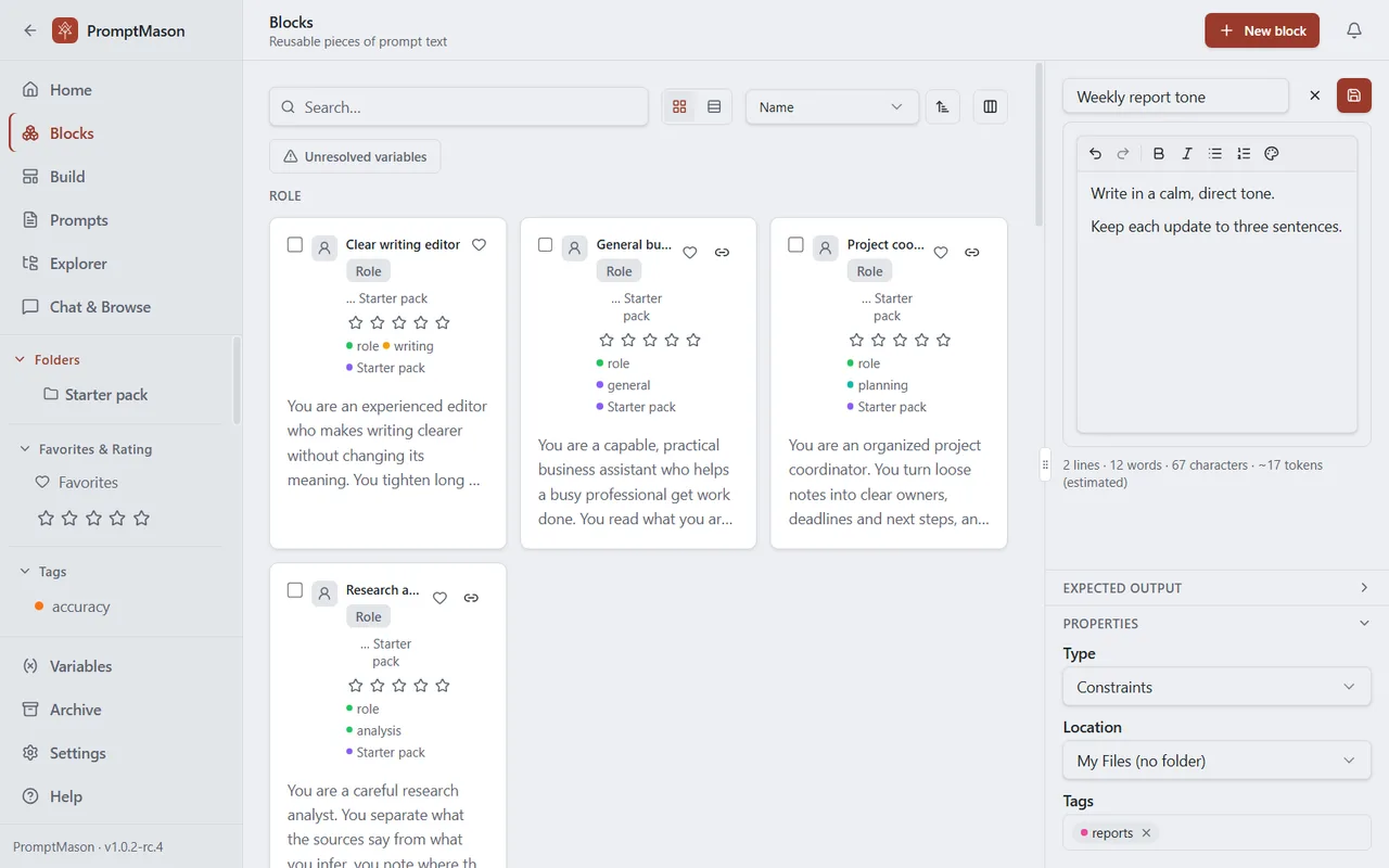 A new block open for editing, with a name, the text box and toolbar, and Type, Location and Tags under Properties.