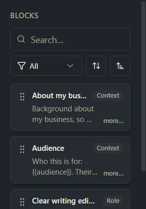 The block list on the Build screen with its search box, type filter and sort buttons.