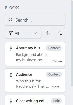 The block list on the Build screen with its search box, type filter and sort buttons.
