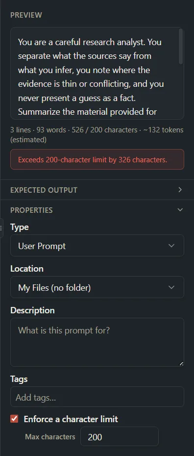 The preview with a red message saying the prompt exceeds the character limit, and the limit box in Properties.