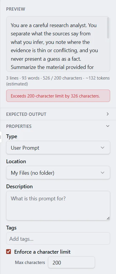 The preview with a red message saying the prompt exceeds the character limit, and the limit box in Properties.