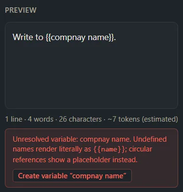 The preview with a warning that the variable compnay name is unresolved.