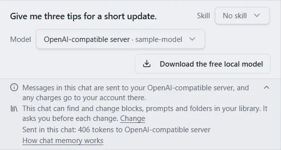 A chat header with the Model picker and a Download the free local model button, and the notice opened to show where messages go, the library line with Change, a token count and How chat memory works.