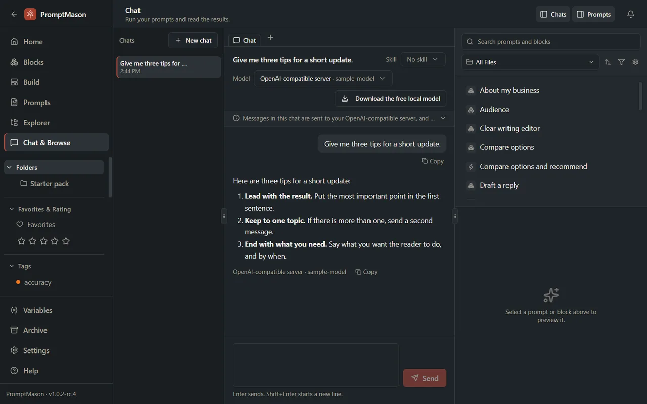 The Chat screen with a message and a reply, the chats list on the left and prompts on the right.