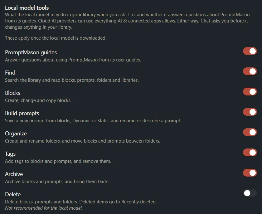 The Local model tools row in Settings with a switch for each kind of task, starting with PromptMason guides.