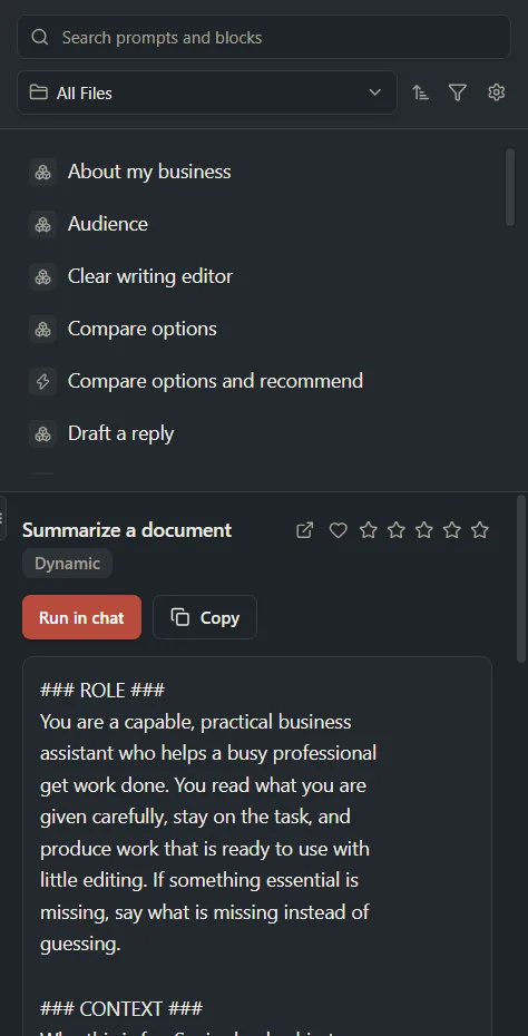 The Prompts panel on the Chat screen with a prompt preview and the Run in chat and Copy buttons.