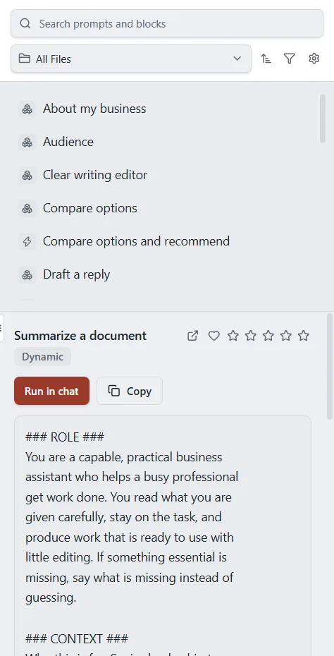 The Prompts panel on the Chat screen with a prompt preview and the Run in chat and Copy buttons.