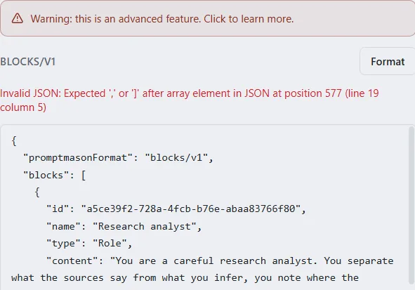 The code box with a red Invalid JSON message under the Format button.
