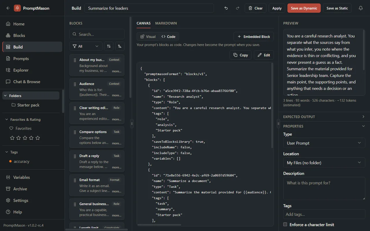 The Build screen with the Code view selected, showing the prompt’s blocks as code, with Copy and Edit buttons above it.