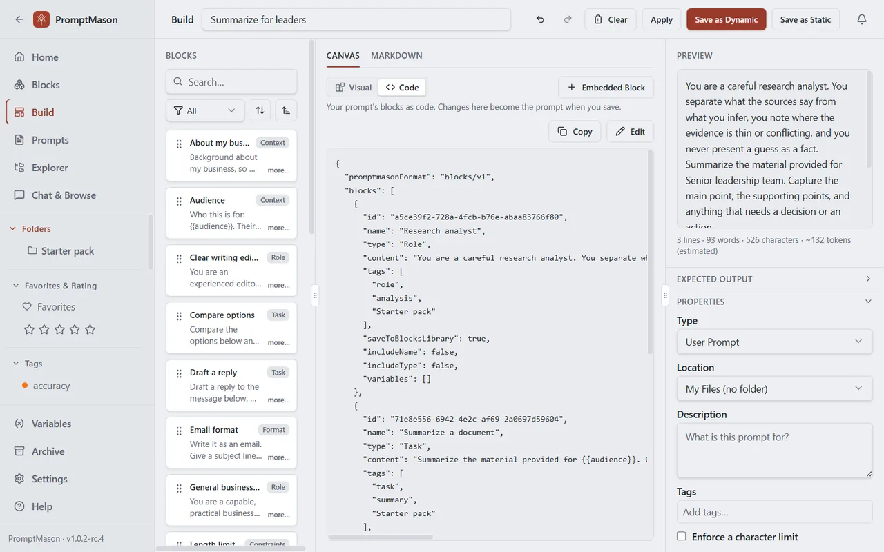 The Build screen with the Code view selected, showing the prompt’s blocks as code, with Copy and Edit buttons above it.