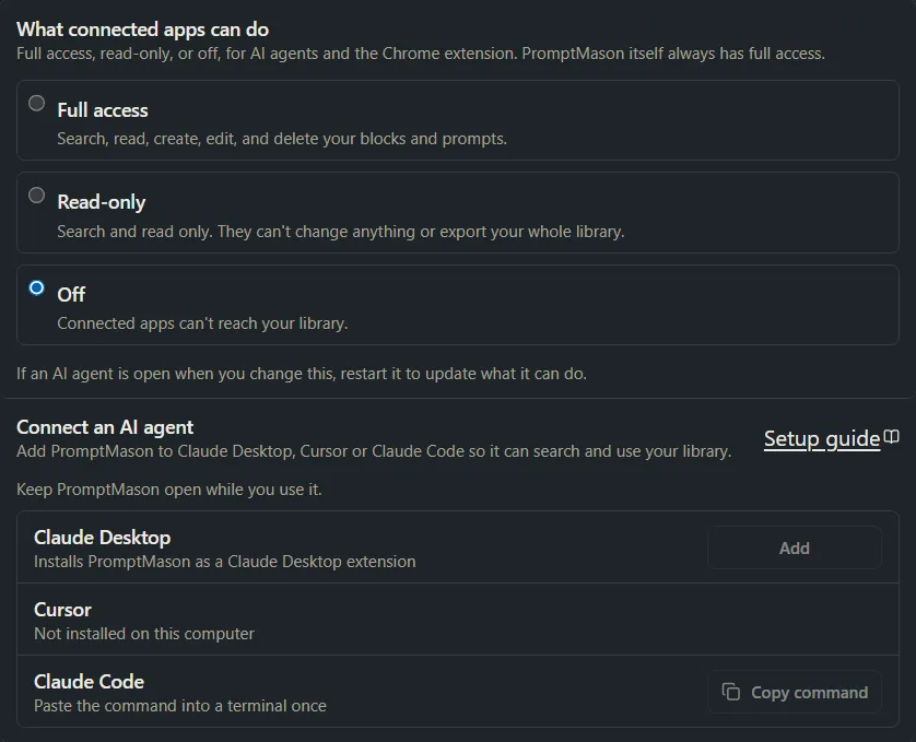 The What connected apps can do choices with Off selected, and the Claude Desktop Add and Claude Code Copy command buttons grayed out.