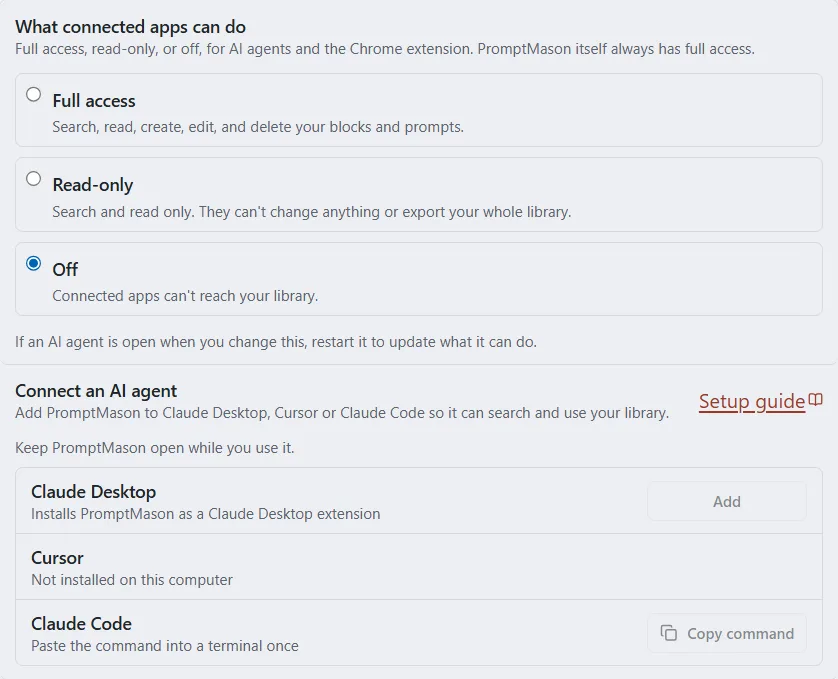 The What connected apps can do choices with Off selected, and the Claude Desktop Add and Claude Code Copy command buttons grayed out.