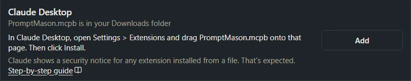 The Claude Desktop row saying the PromptMason.mcpb file is in the Downloads folder.
