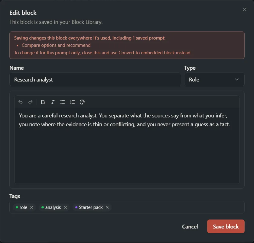 The Edit block window for a library block, with a warning that saving changes the block everywhere it is used.