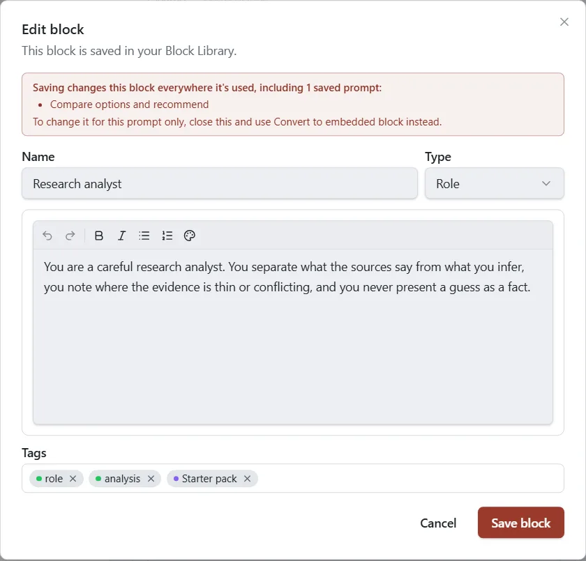 The Edit block window for a library block, with a warning that saving changes the block everywhere it is used.