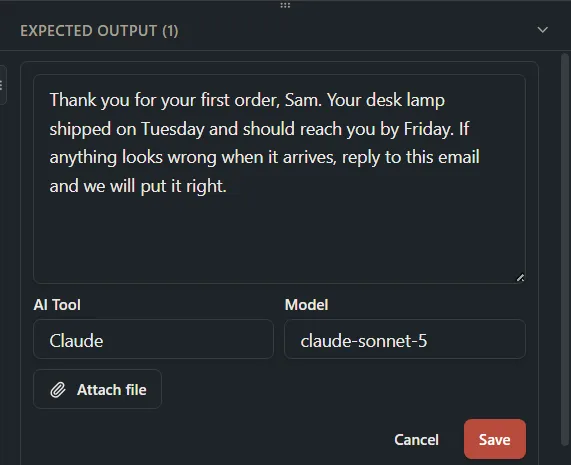 The Expected Output form with a result text, AI Tool and Model filled in, and Attach file and Save buttons.