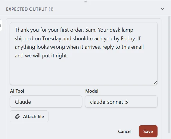 The Expected Output form with a result text, AI Tool and Model filled in, and Attach file and Save buttons.