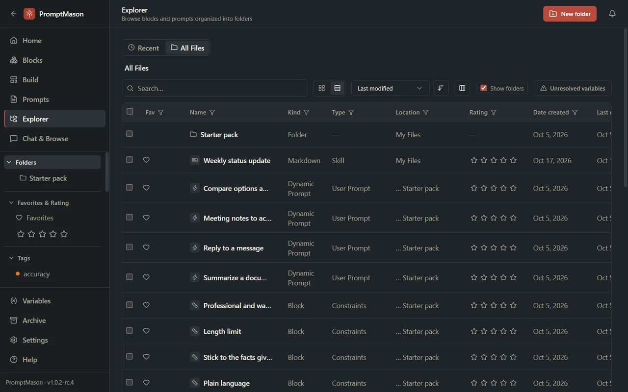 The Explorer screen on its All Files tab, with the Starter pack folder first and then blocks and prompts, and a Show folders box.