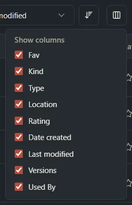 The Columns menu open in Explorer with a tick box for each column.