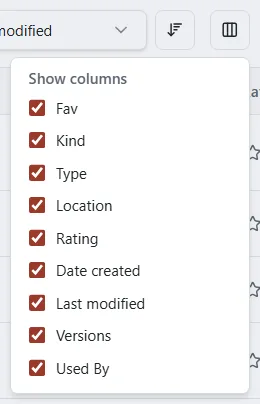 The Columns menu open in Explorer with a tick box for each column.
