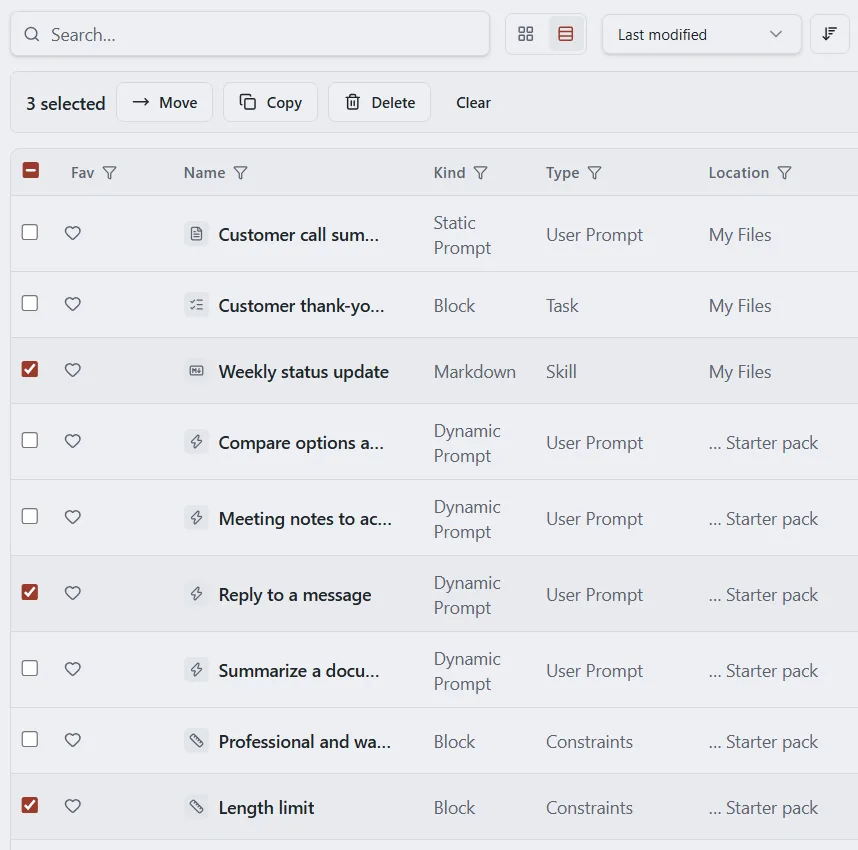 The selection bar above an Explorer list showing how many items are selected and its Move, Copy, Delete and Clear buttons.