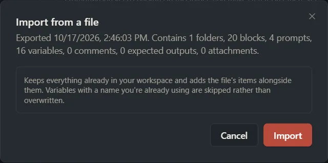The Import from a file window showing when the file was exported, what it holds and an Import button.
